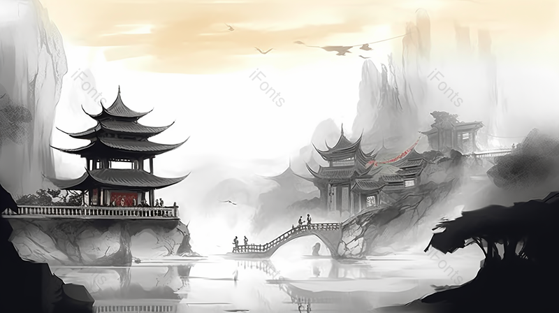 河畔对望人群中国风黑白古建筑水墨场景插画,插画/手绘图,插画/手绘图库,插画/手绘图下载,插画/手绘